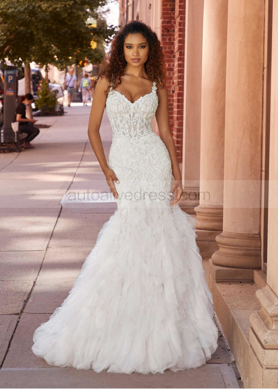 Ivory Lace Ruffled Tulle Open Back Gorgeous Wedding Dress